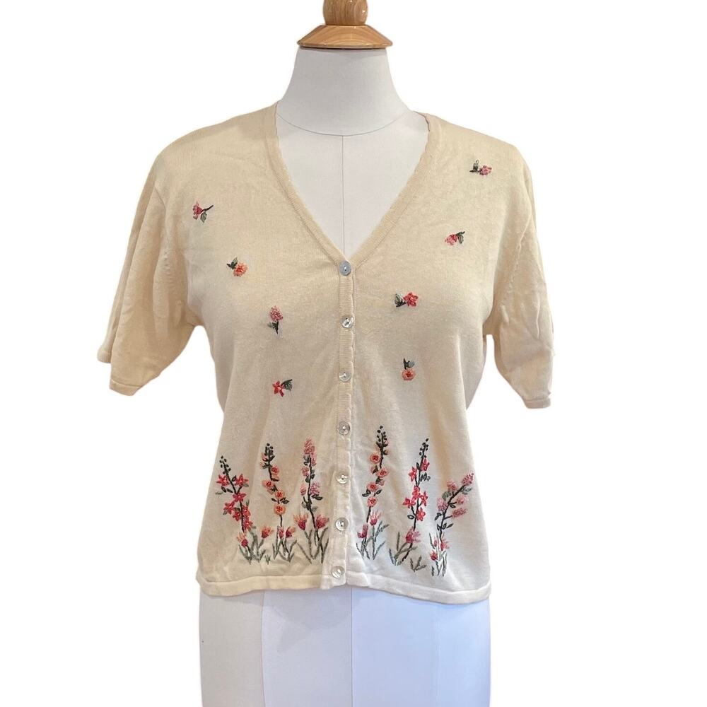 Vintage R&K Originals Cream Embroidered Beaded Short Sleeve Cardigan Cottage 12